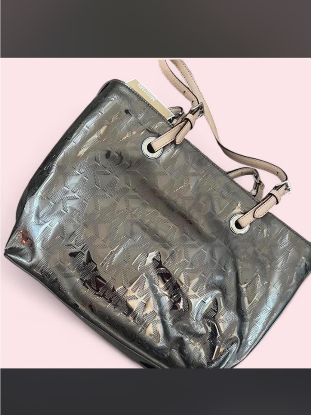 Women's Metallic Black Patent Tote with Beige Handles